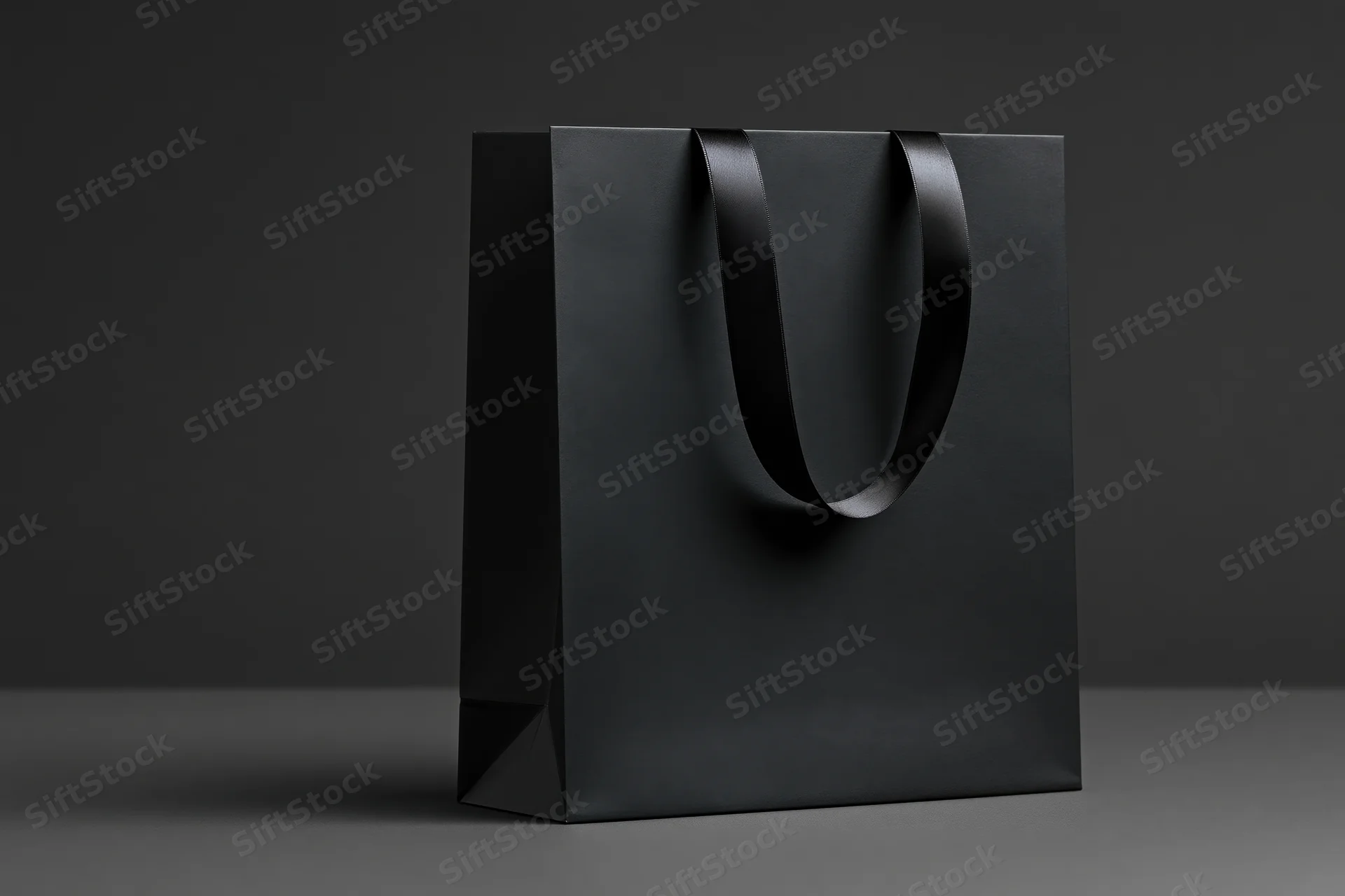 Matte black paper shopping bag with glossy ribbon handles on dark studio background