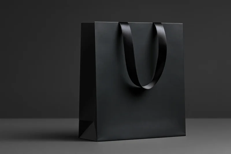 Matte black paper shopping bag with glossy ribbon handles on dark studio background