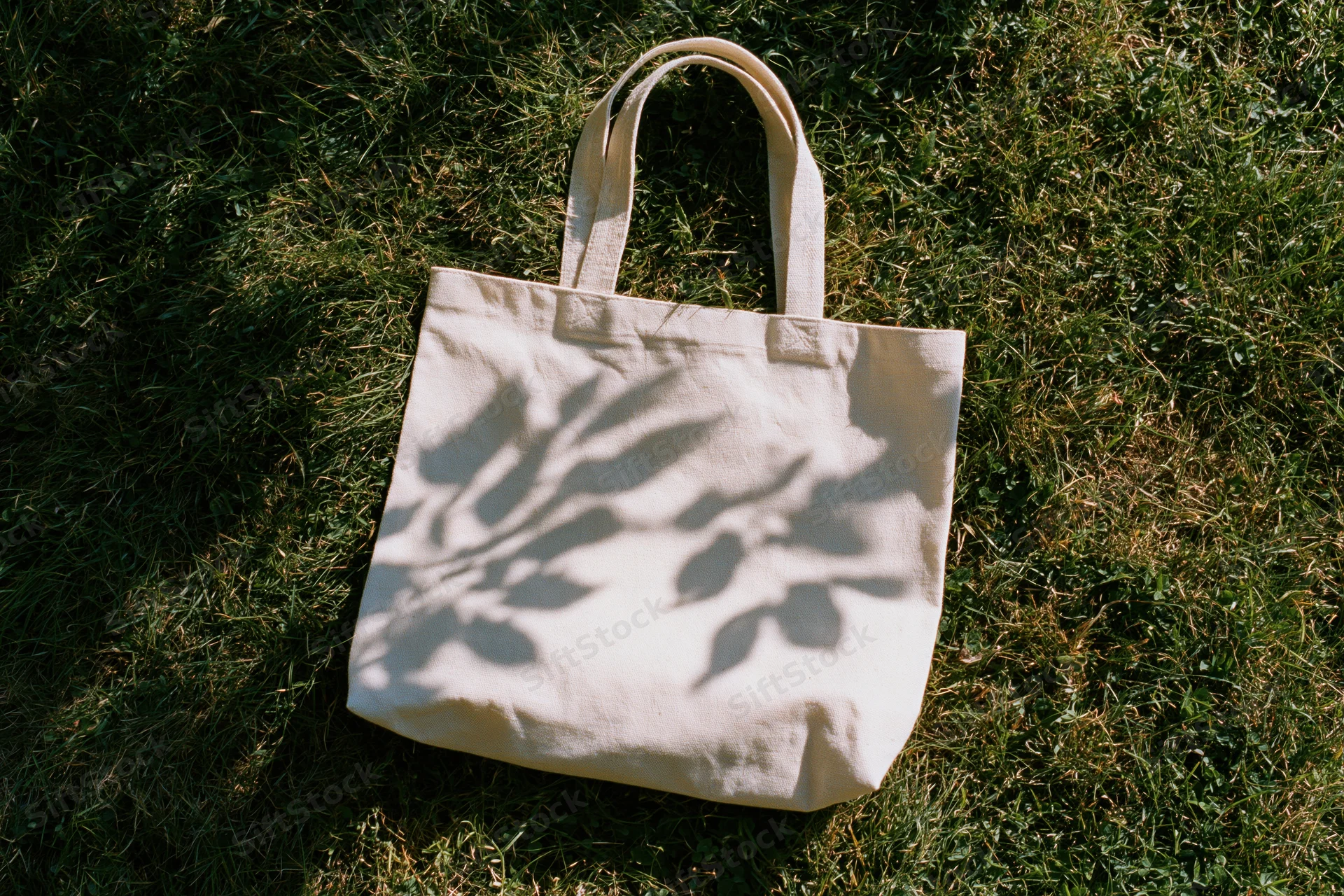 Off-white canvas tote bag lying flat on green grass with leaf shadows in sunlight
