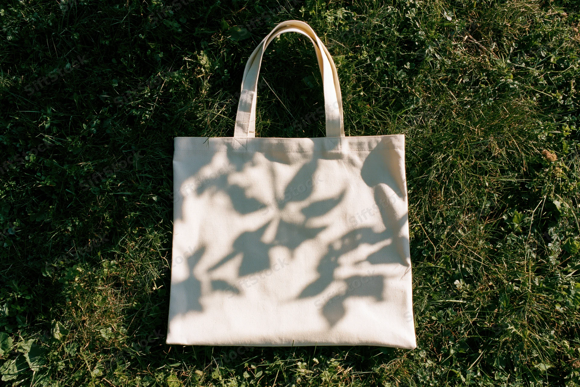 Off-white canvas tote bag lying flat on green grass with leaf shadows in sunlight
