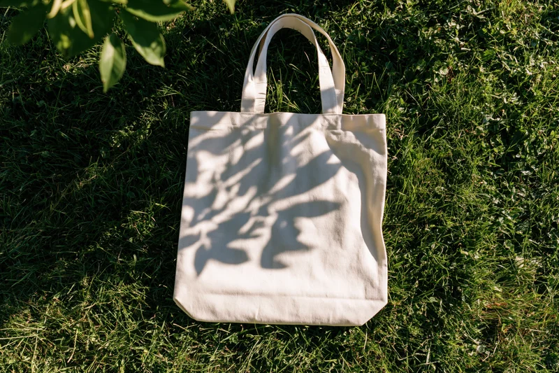 Off-white canvas tote bag lying flat on green grass under dappled sunlight