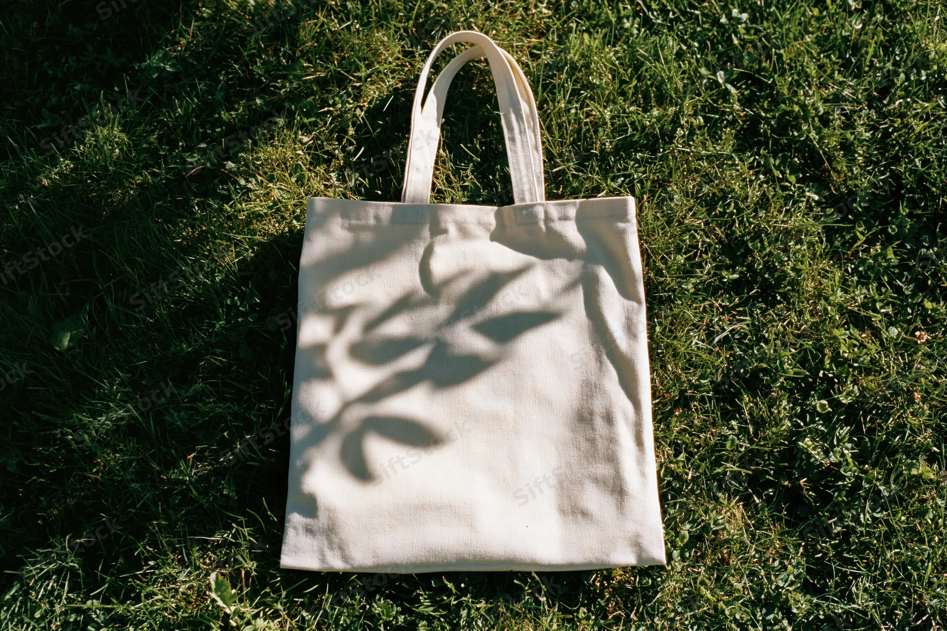 Plain off-white canvas tote bag lying flat on green grass under sunlight with leaf shadows