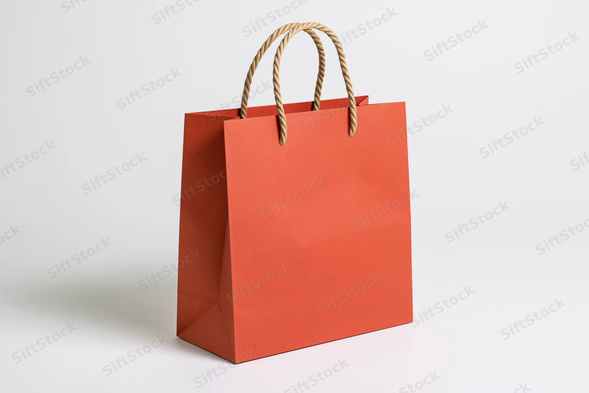 Red-orange kraft paper shopping bag with twisted rope handles on white background