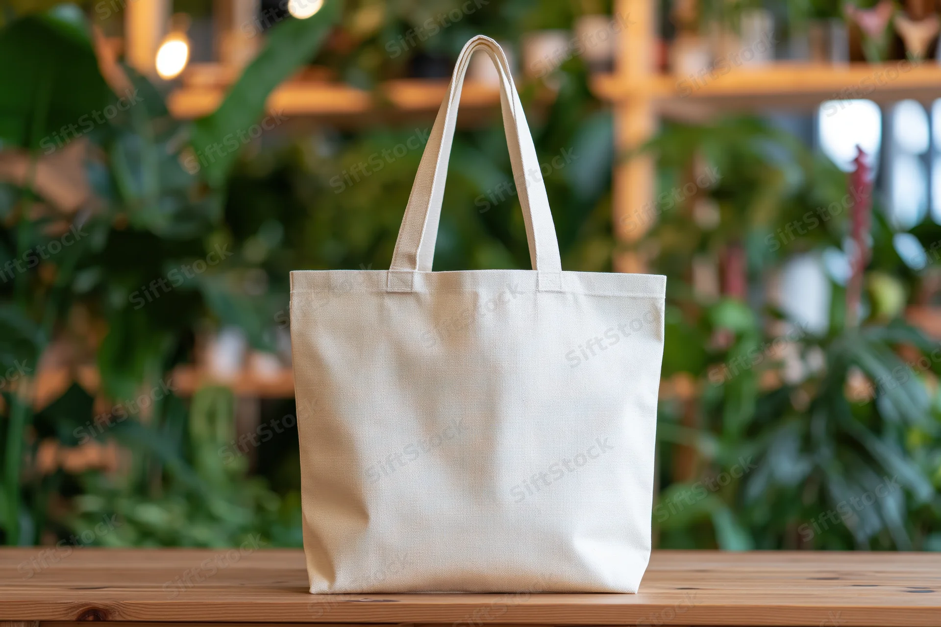 Plain canvas tote bag standing upright on wooden table with green plants in background