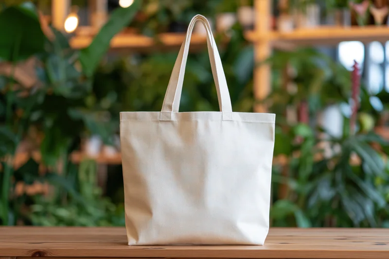 Plain canvas tote bag standing upright on wooden table with green plants in background