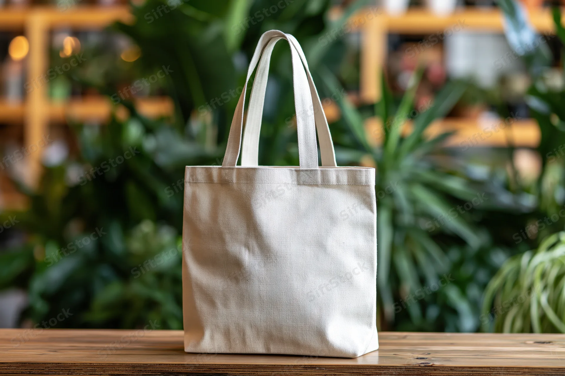 Plain canvas tote bag standing upright on wooden table with green plants in background