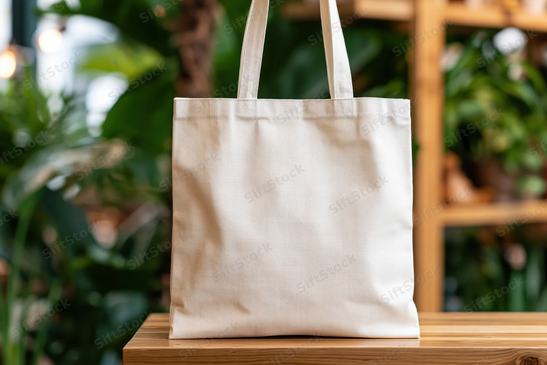 Plain white canvas tote bag standing upright on wooden surface with green plants in background