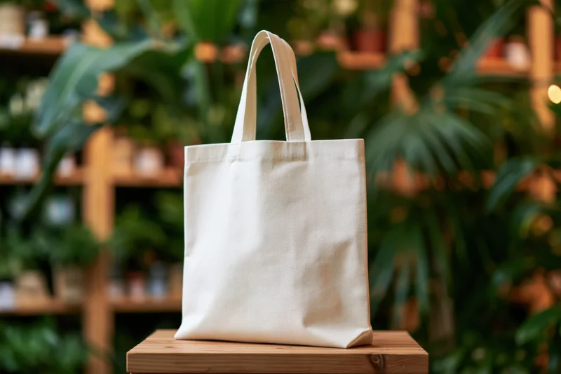Plain white canvas tote bag standing upright on wooden surface in plant-filled store interior