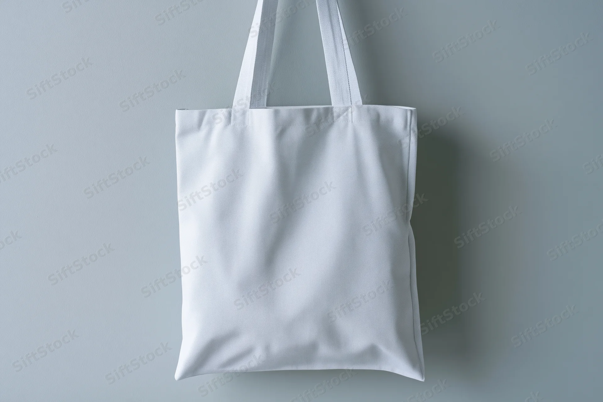 White canvas tote bag hanging upright against a gray wall