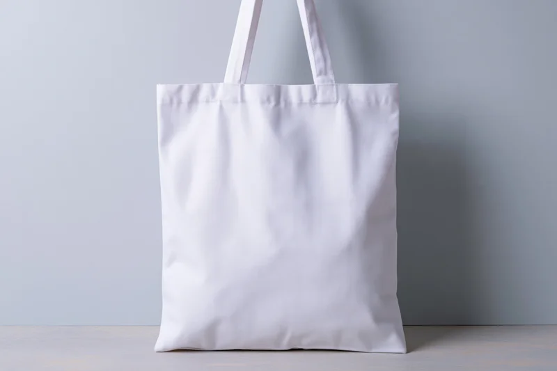 Plain white canvas tote bag standing upright against a light gray wall on a wooden floor