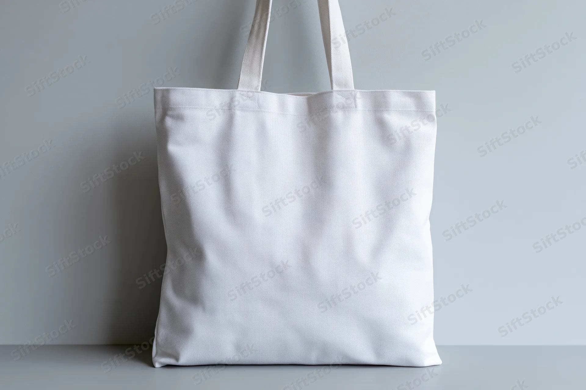 White canvas tote bag standing upright on a gray surface against a plain wall