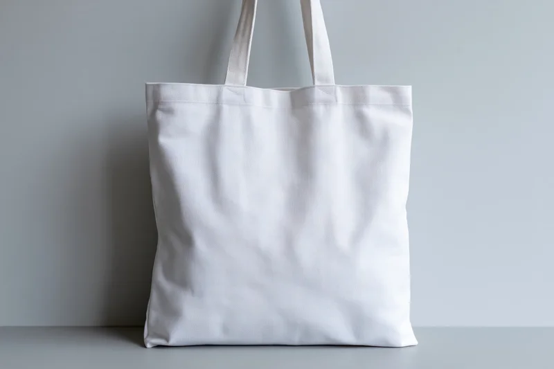 White canvas tote bag standing upright on a gray surface against a plain wall