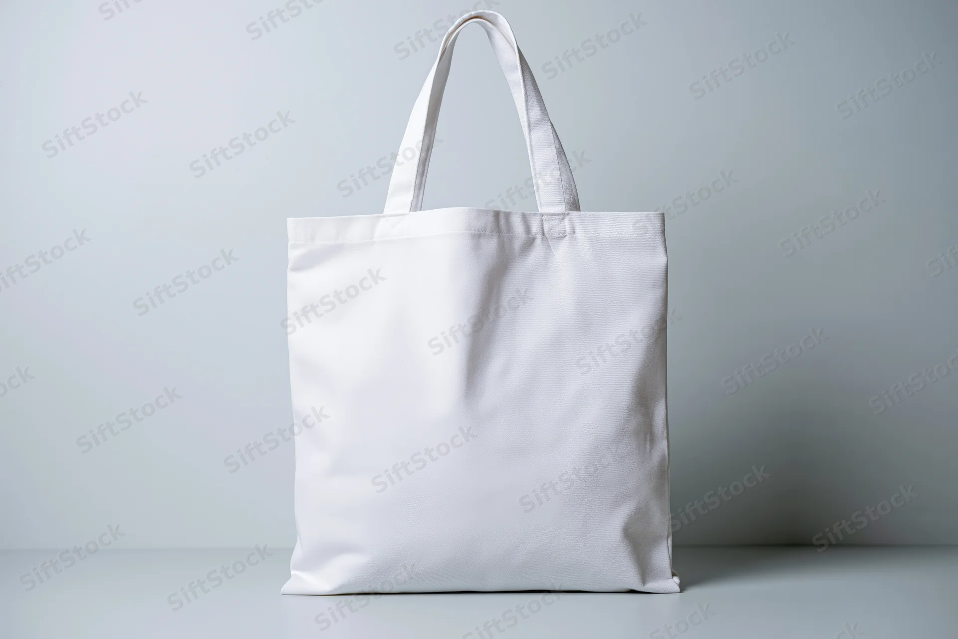 Plain white canvas tote bag standing upright on a light surface against a neutral background