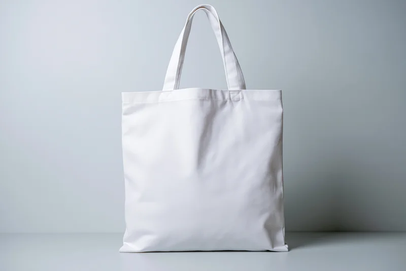 Plain white canvas tote bag standing upright on a light surface against a neutral background