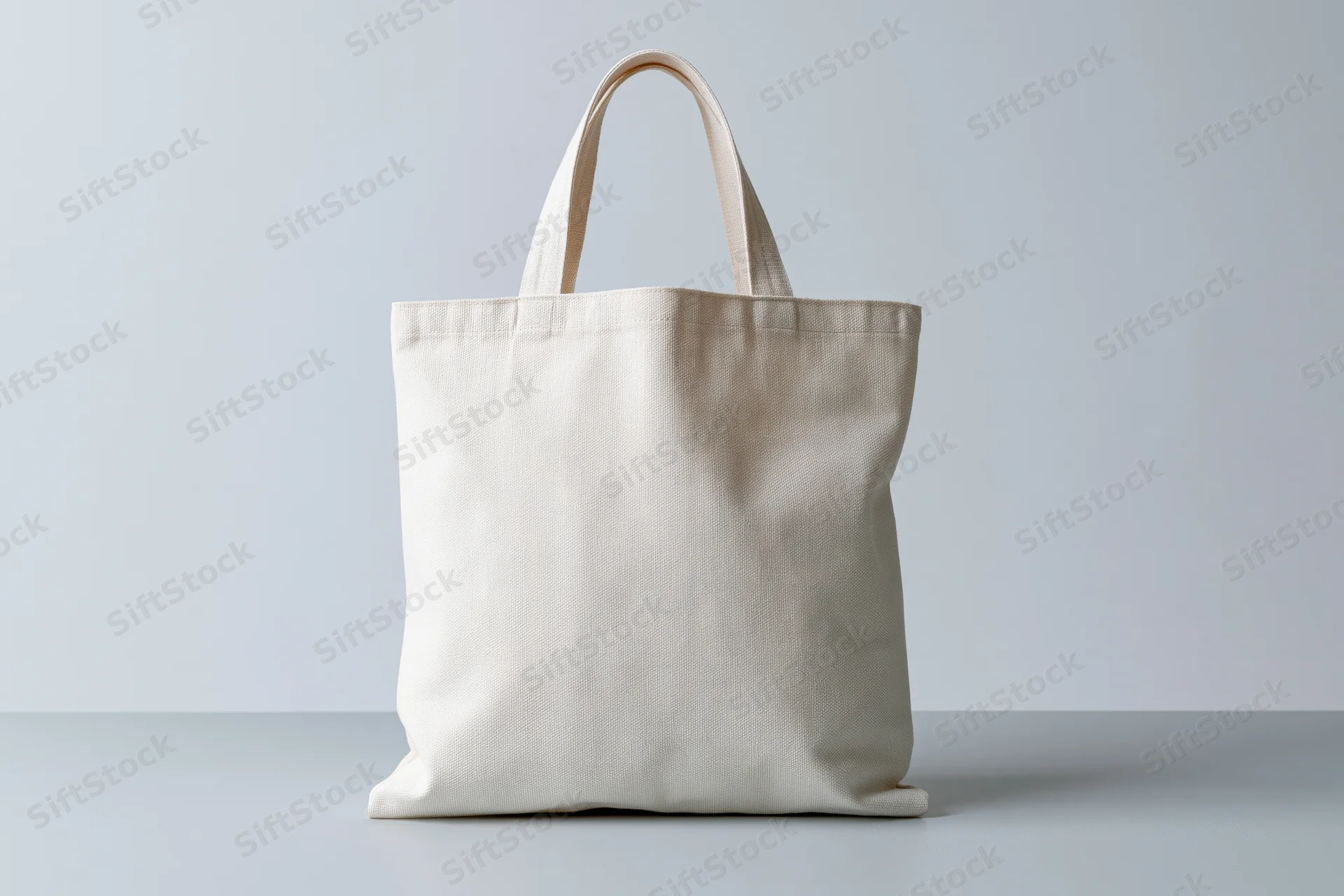 Plain white canvas tote bag standing upright on a light gray surface