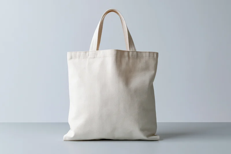 Plain white canvas tote bag standing upright on a light gray surface