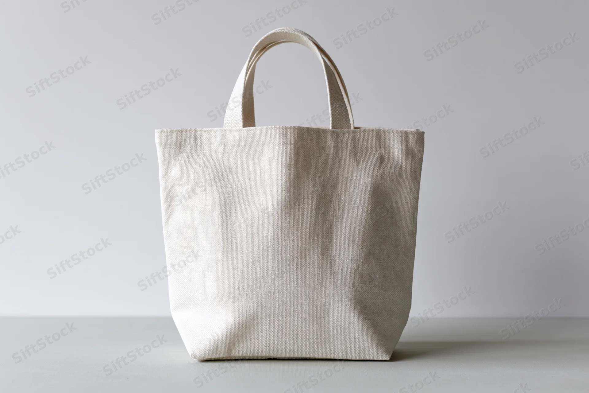 Plain white canvas tote bag standing upright on a light gray surface