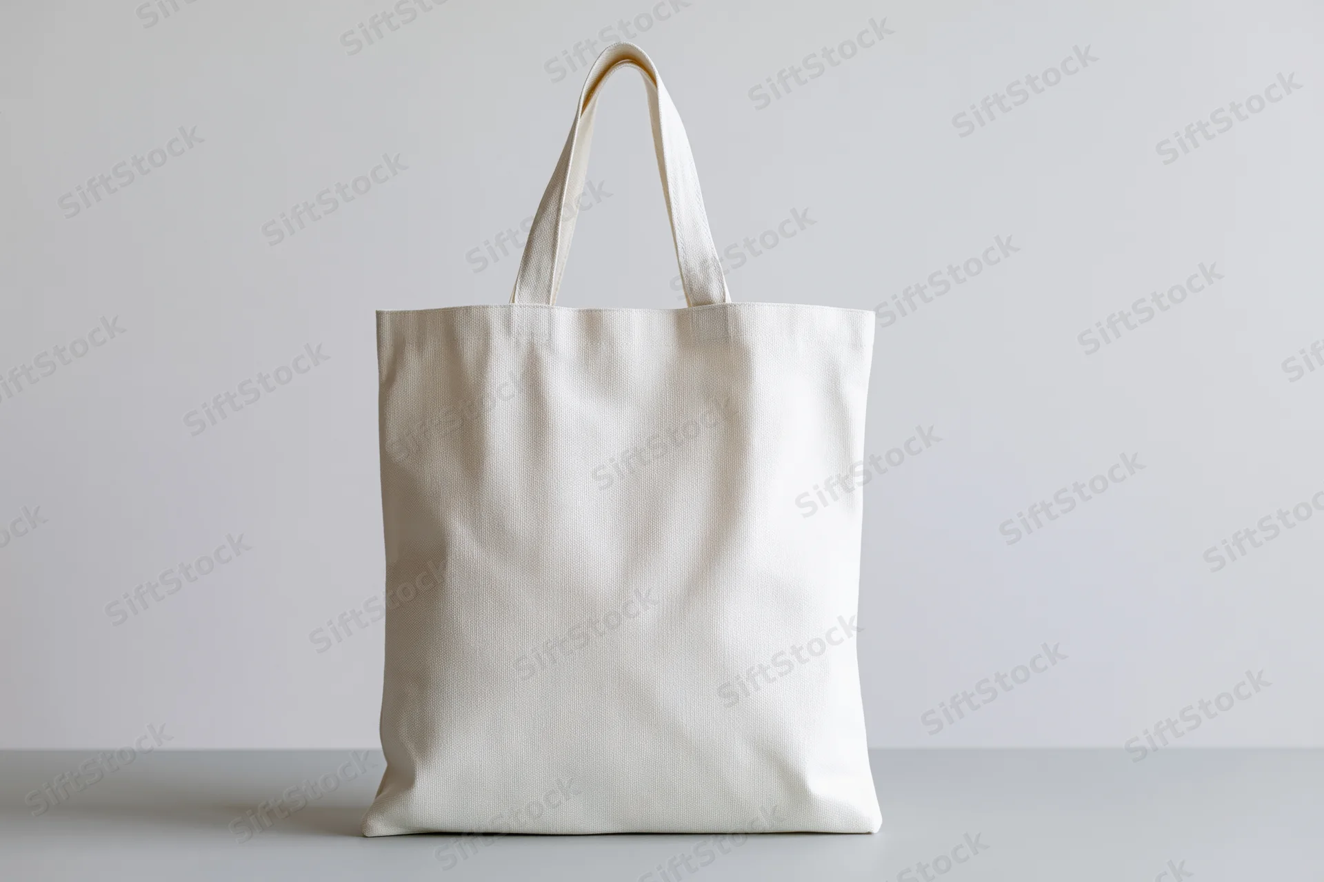 Plain white canvas tote bag standing upright on a light gray surface