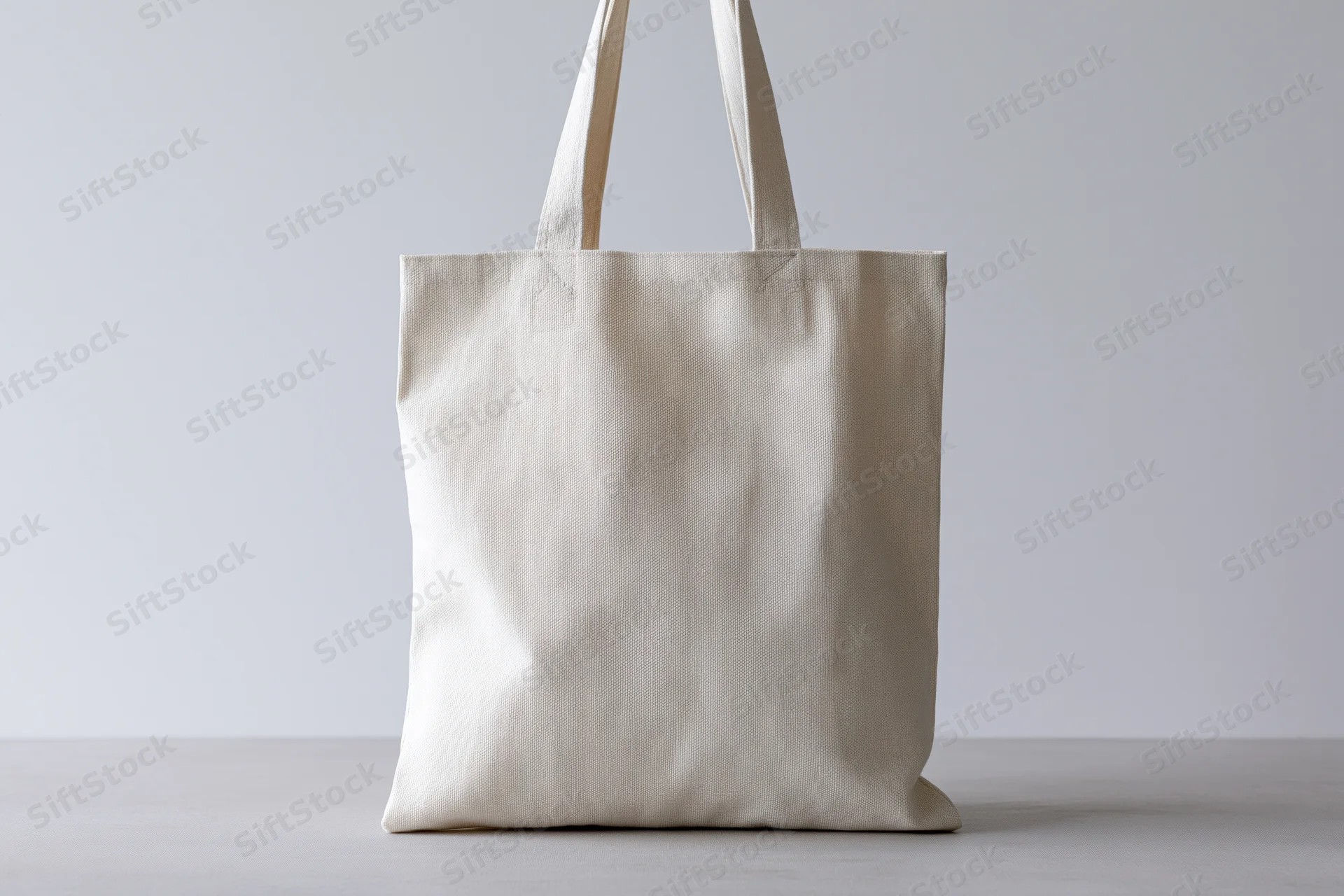 Plain white canvas tote bag standing upright on a light gray surface