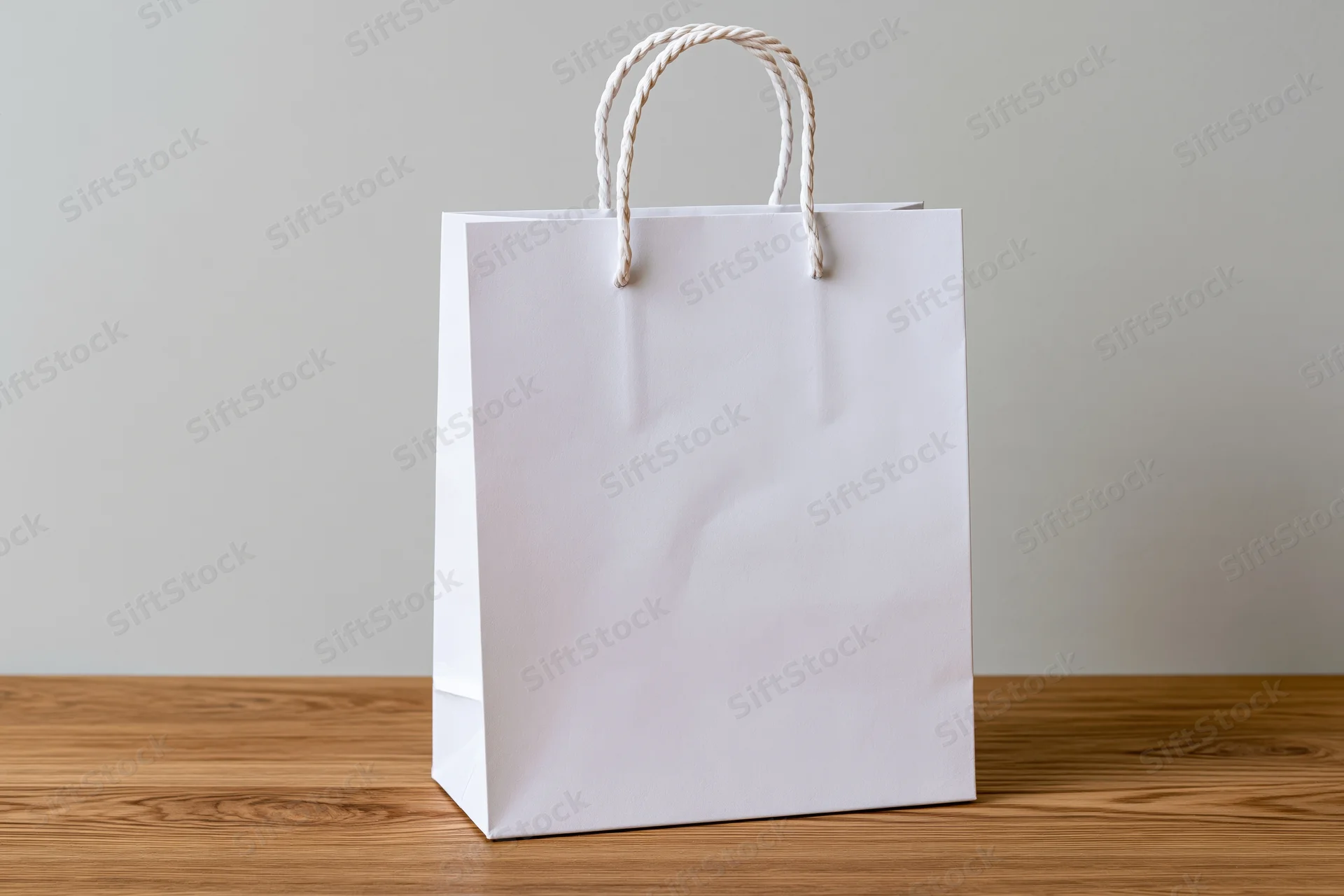 White paper shopping bag with twisted rope handles on wooden table