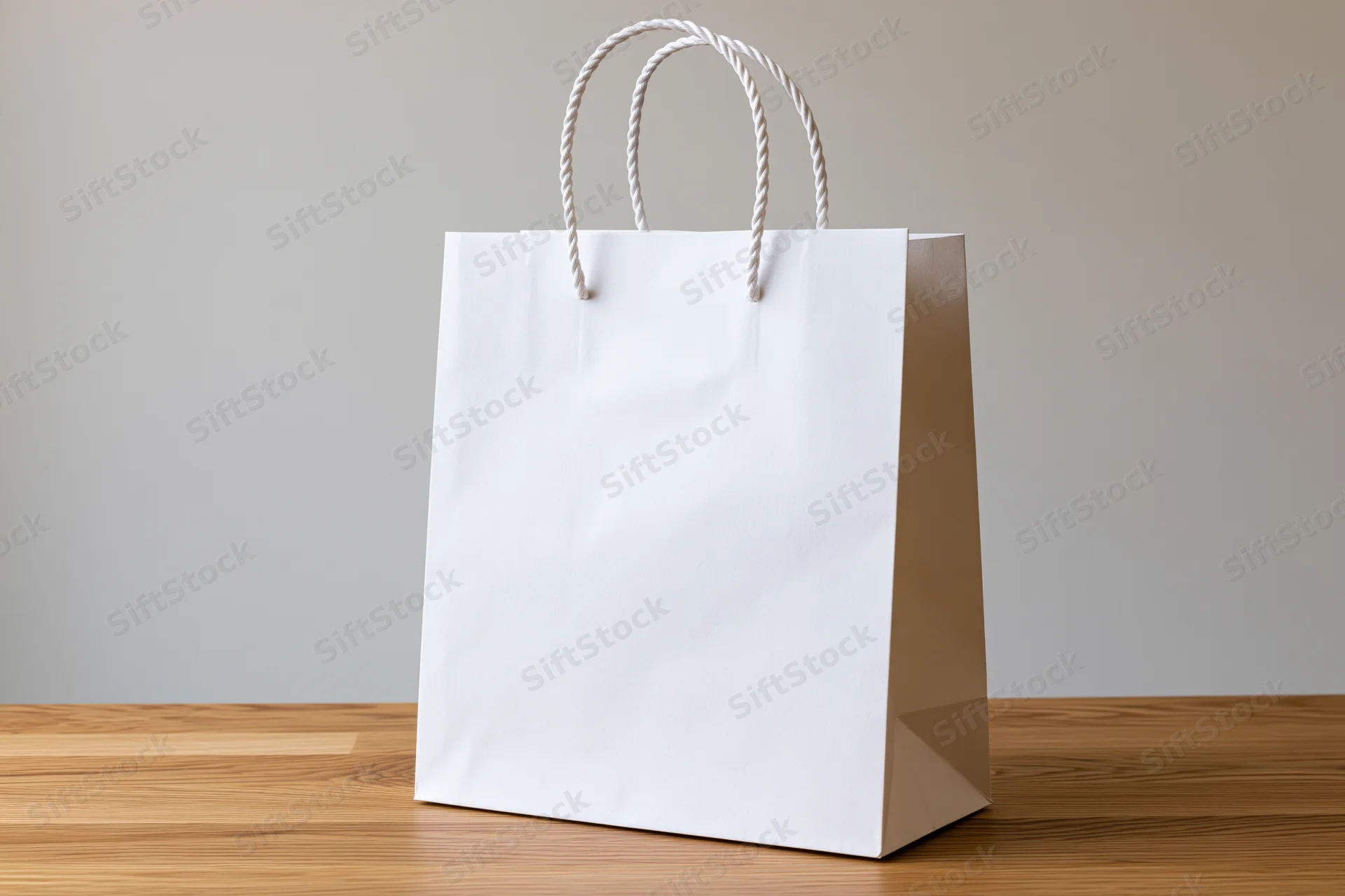 White paper shopping bag with twisted rope handles on wooden surface