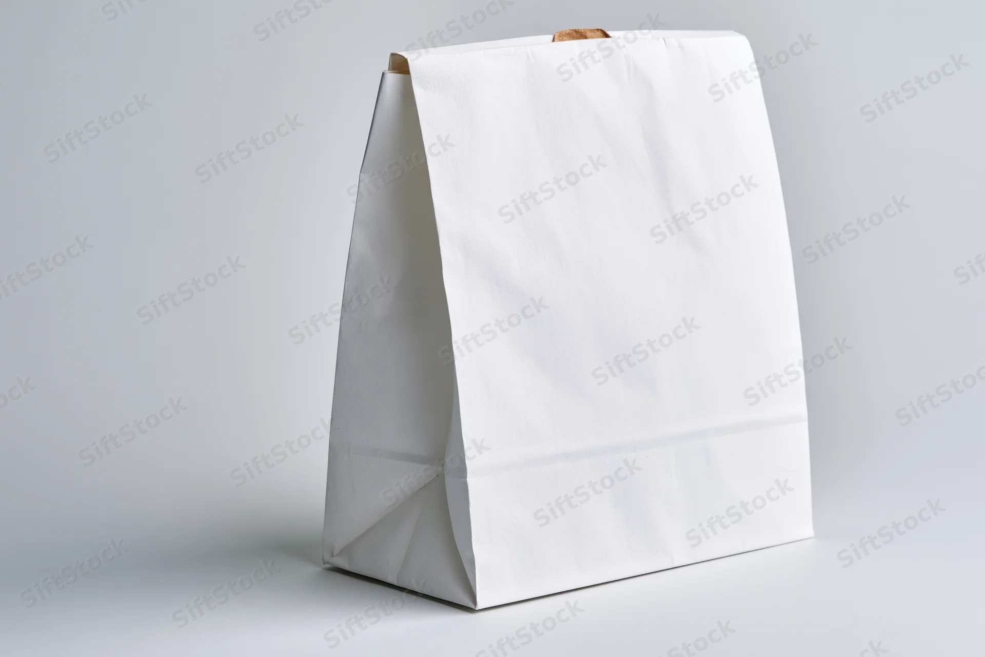 Plain white paper bag standing upright on a light surface with no print or branding