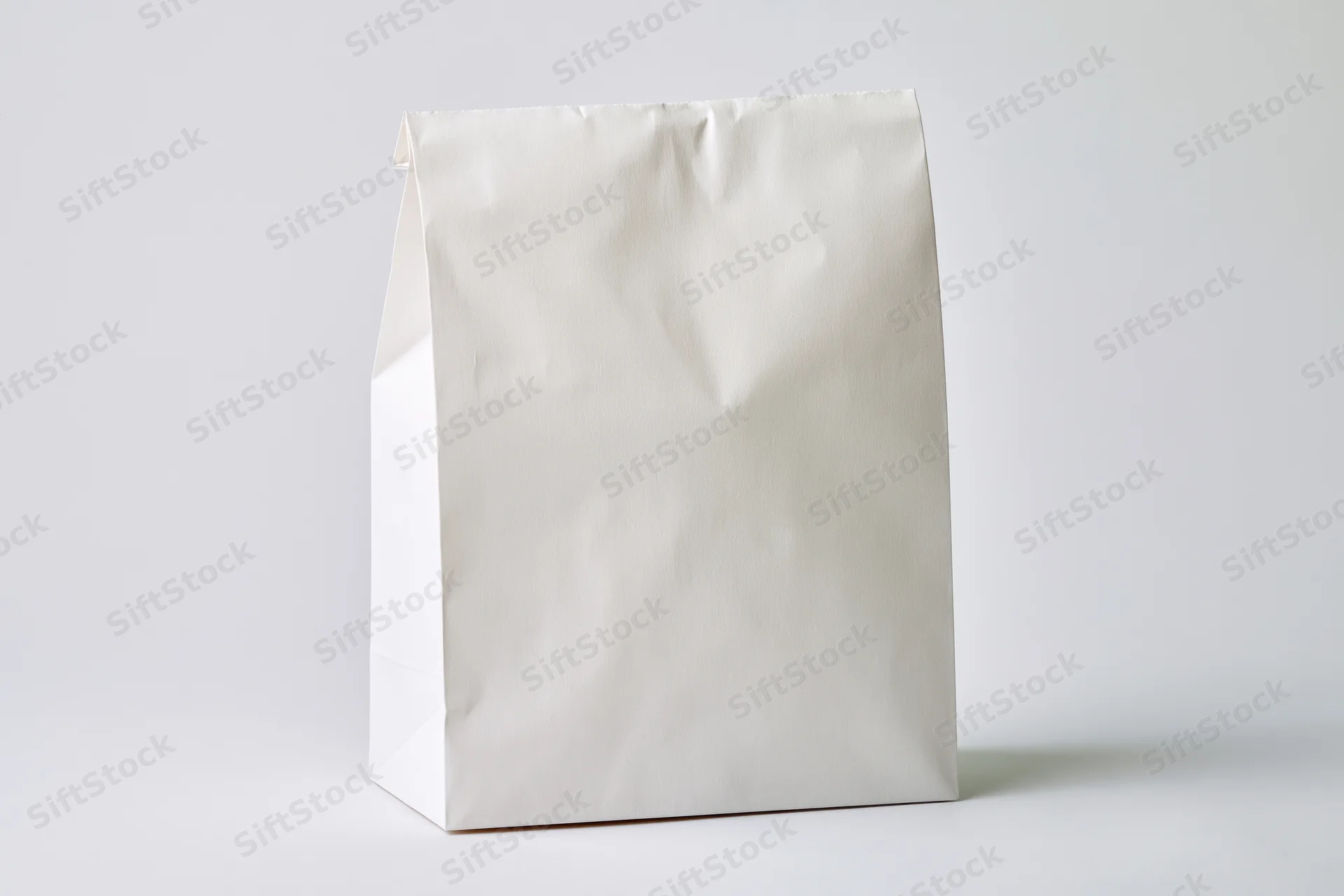 Plain white paper bag standing upright and empty on a white background