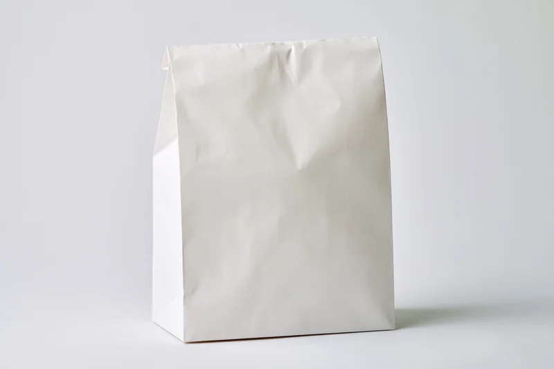 Plain white paper bag standing upright and empty on a white background