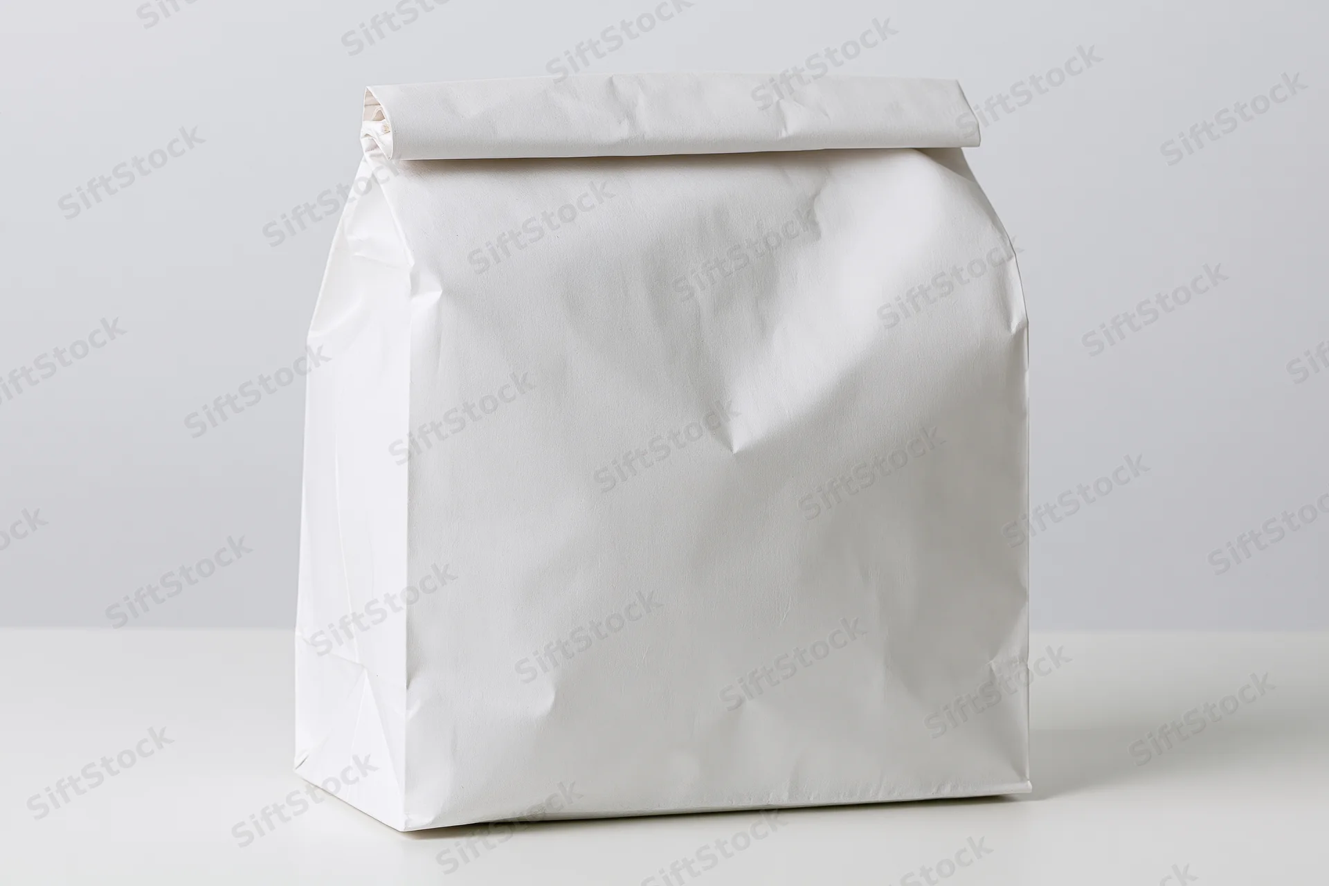 White paper bag with folded top standing upright on plain surface