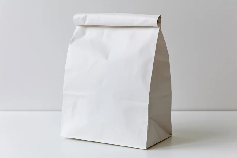 White paper bag with folded top standing upright on plain surface