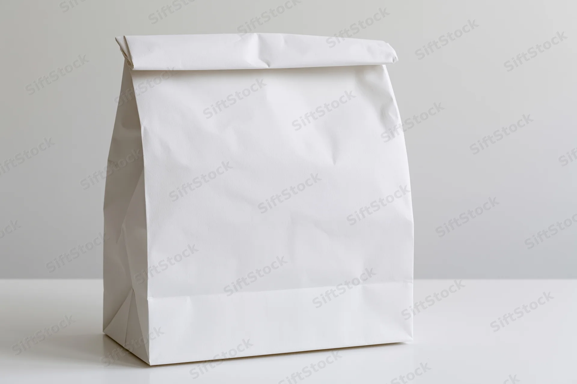 White paper bag standing upright on a plain surface with folded top sealed