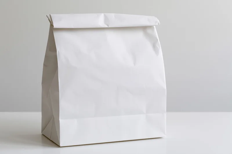White paper bag standing upright on a plain surface with folded top sealed
