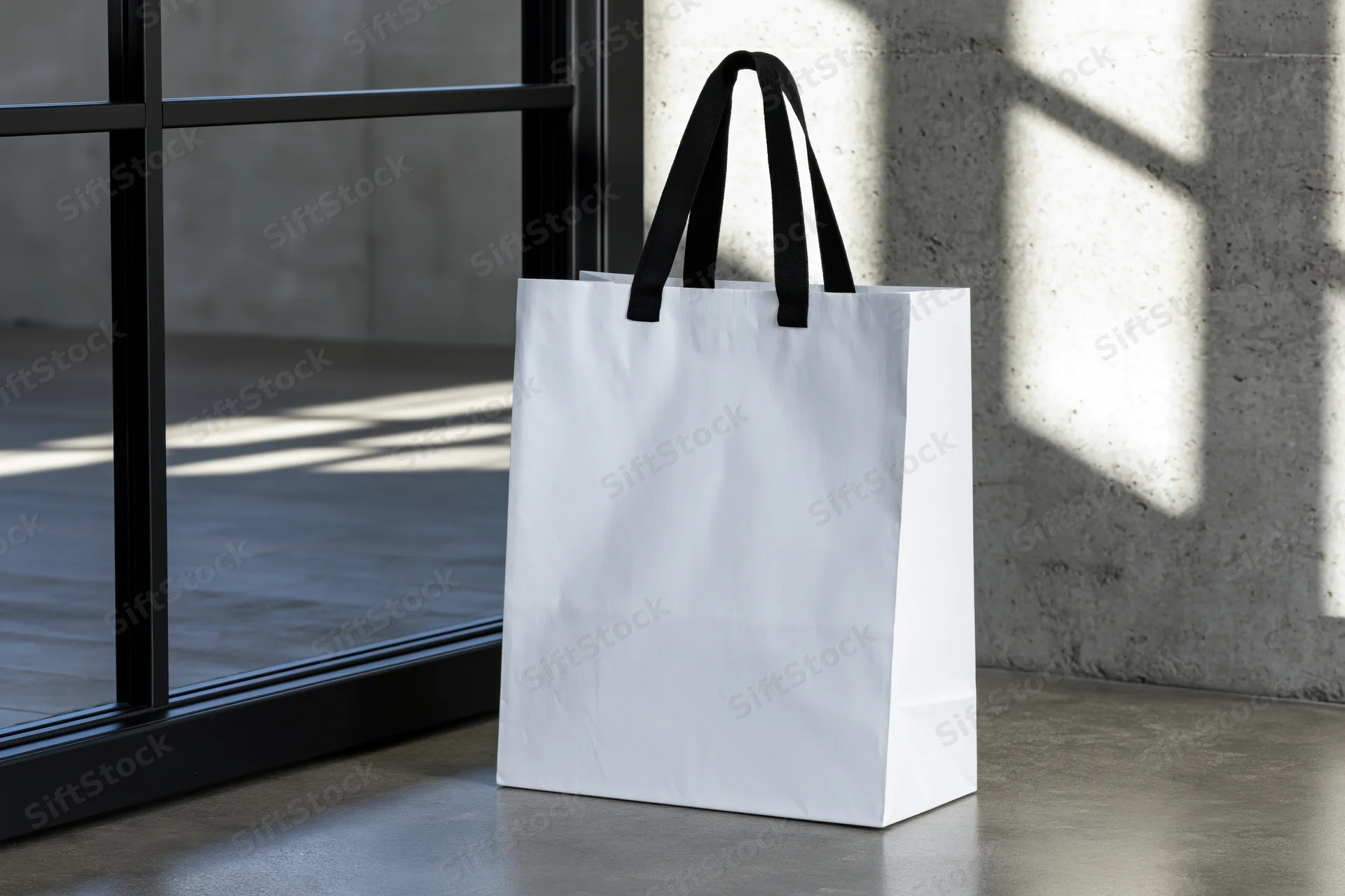 White paper shopping bag with black fabric handles standing on concrete floor near glass storefront