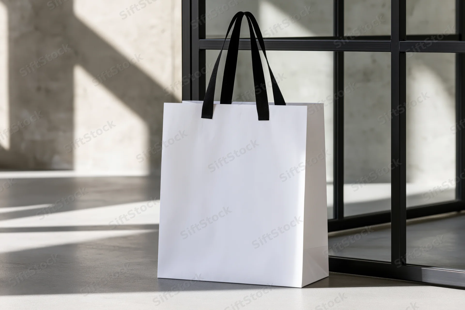 White paper shopping bag with black fabric handles standing on concrete floor near window frame