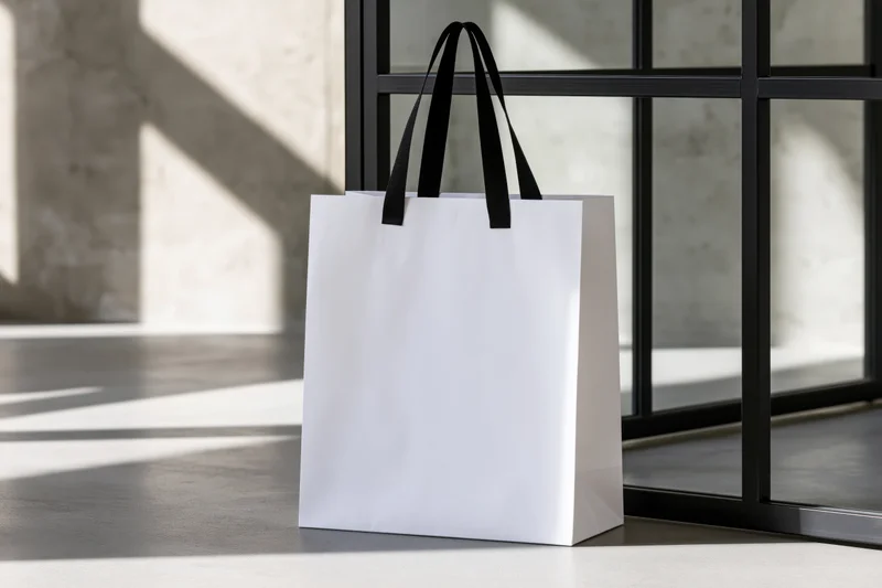 White paper shopping bag with black fabric handles standing on concrete floor near window frame