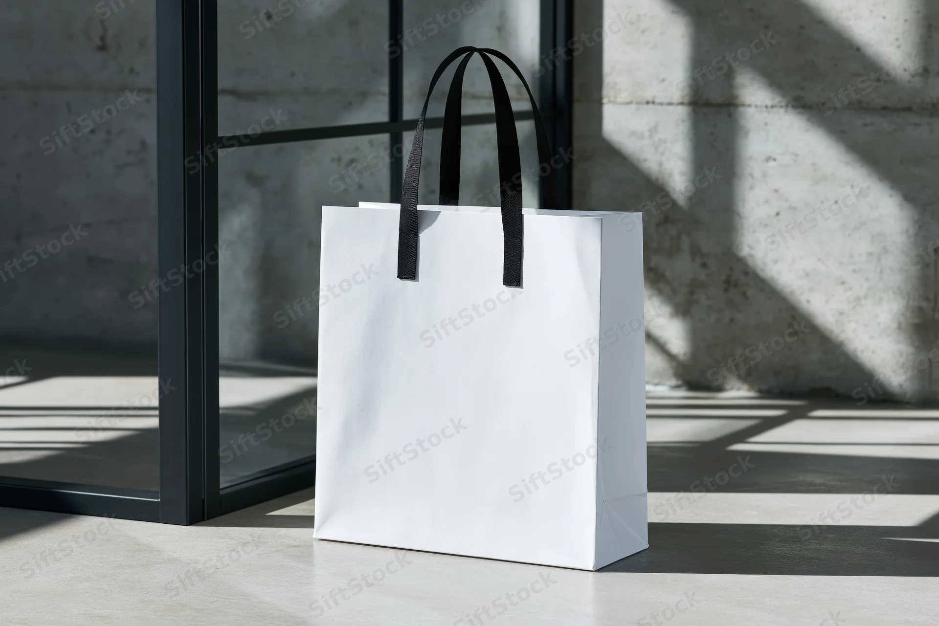 White paper shopping bag with black fabric handles standing on concrete floor near glass door in sunlight