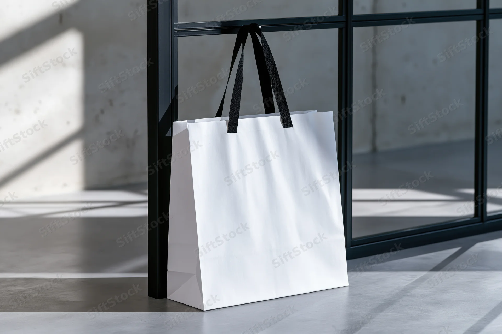 White paper shopping bag with black fabric handles leaning against glass door in modern store interior