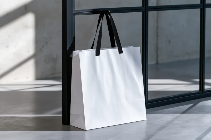 White paper shopping bag with black fabric handles leaning against glass door in modern store interior