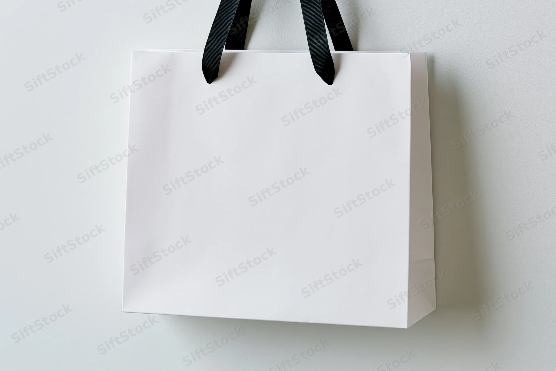White paper shopping bag with black ribbon handles hanging on a plain wall