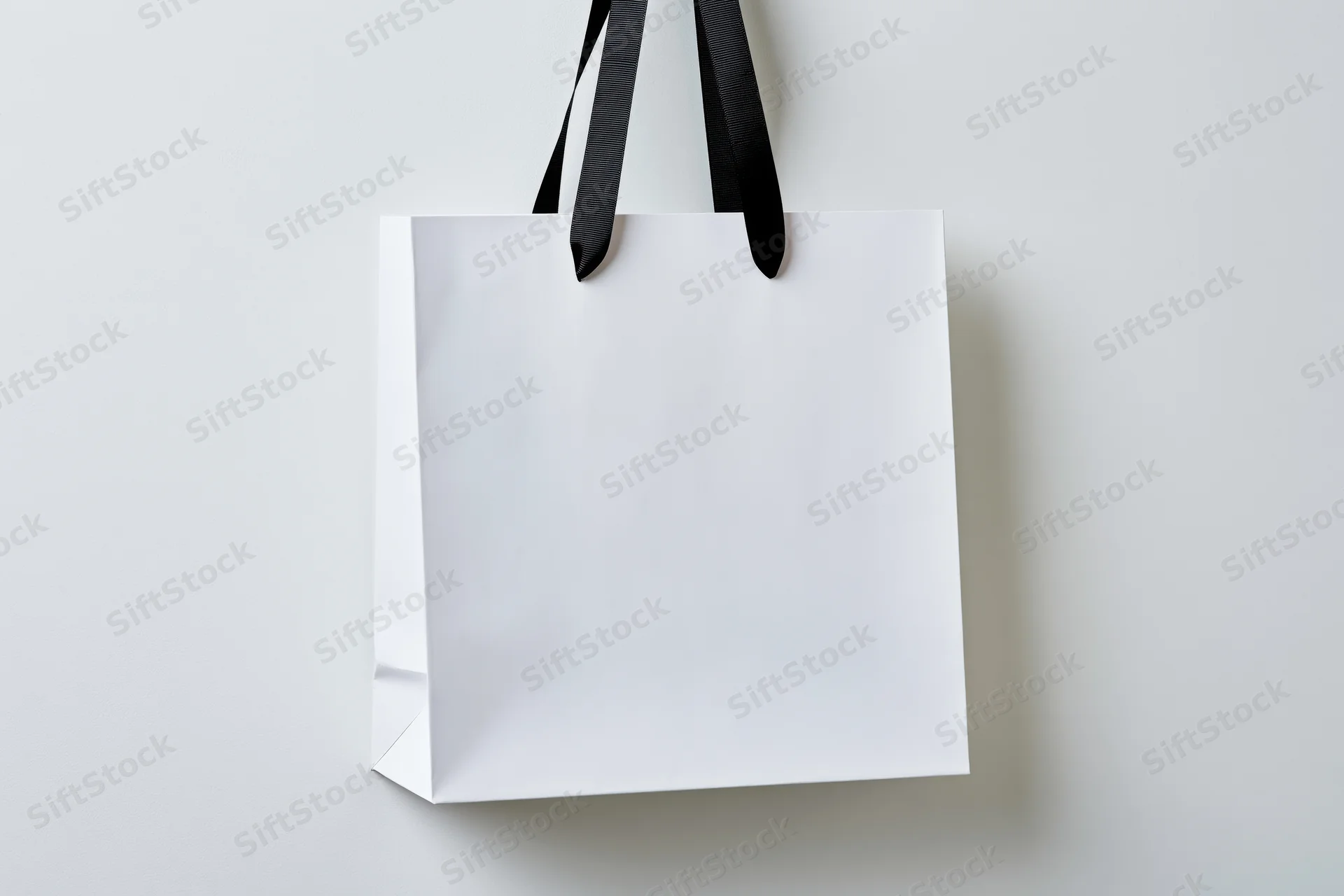 White paper shopping bag with black ribbon handles hanging against a plain light background