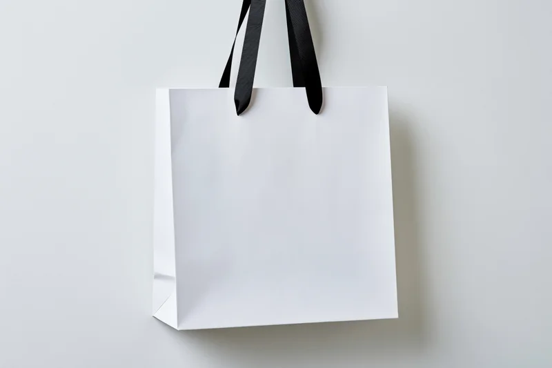 White paper shopping bag with black ribbon handles hanging against a plain light background
