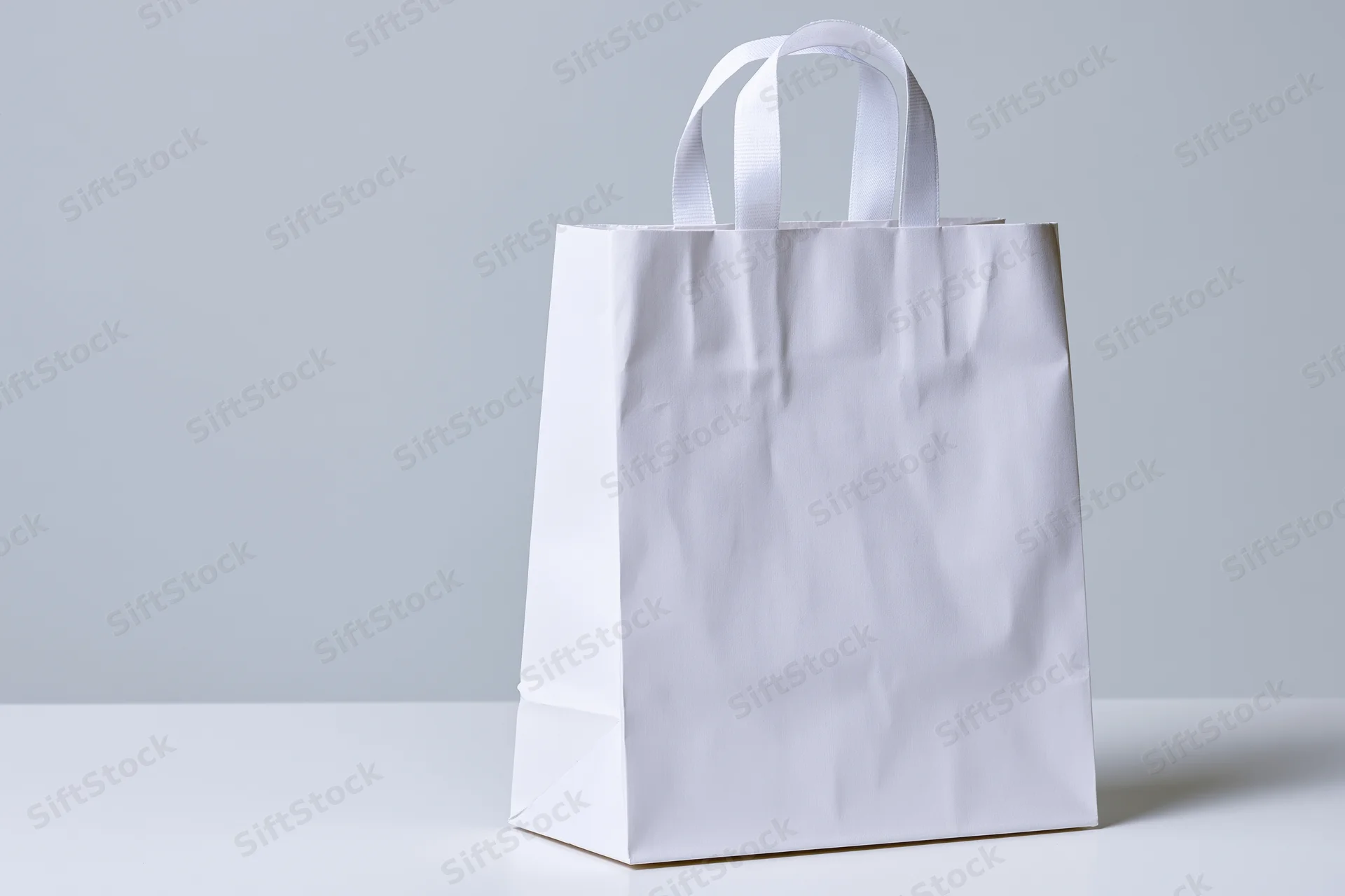 Plain white paper shopping bag with flat handles standing on a light surface