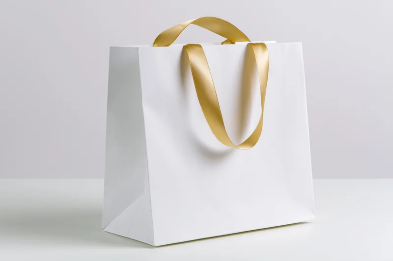 White paper shopping bag with gold satin ribbon handles on plain white surface