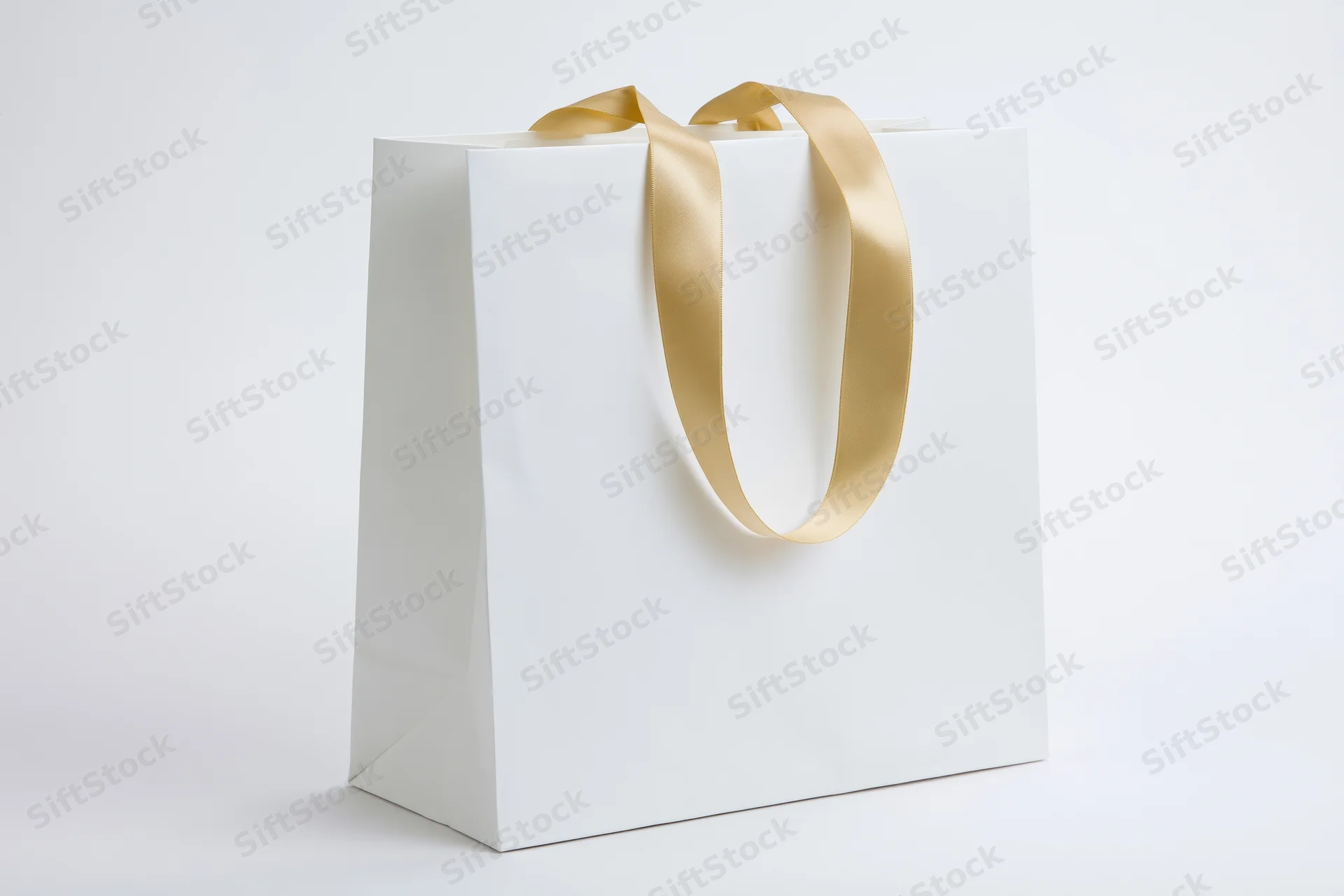 White paper shopping bag with gold satin ribbon handles on plain white background