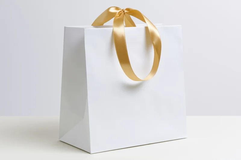 White paper gift bag with gold satin ribbon bow on plain surface