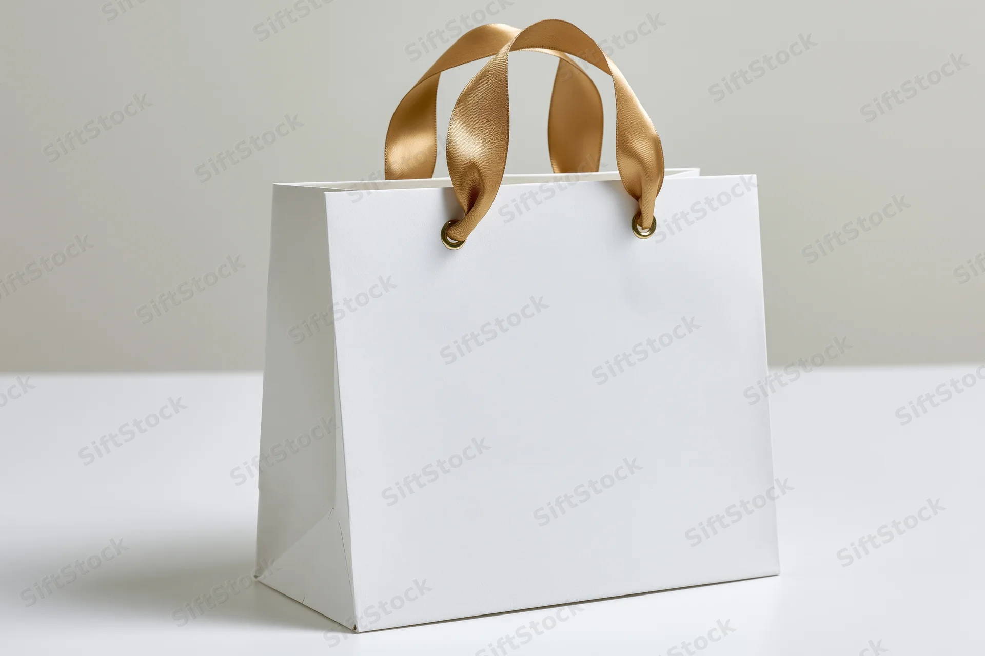 White paper shopping bag with gold satin ribbon handles on a plain surface