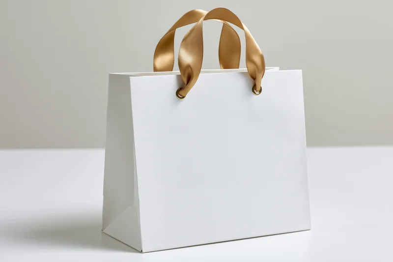 White paper shopping bag with gold satin ribbon handles on a plain surface