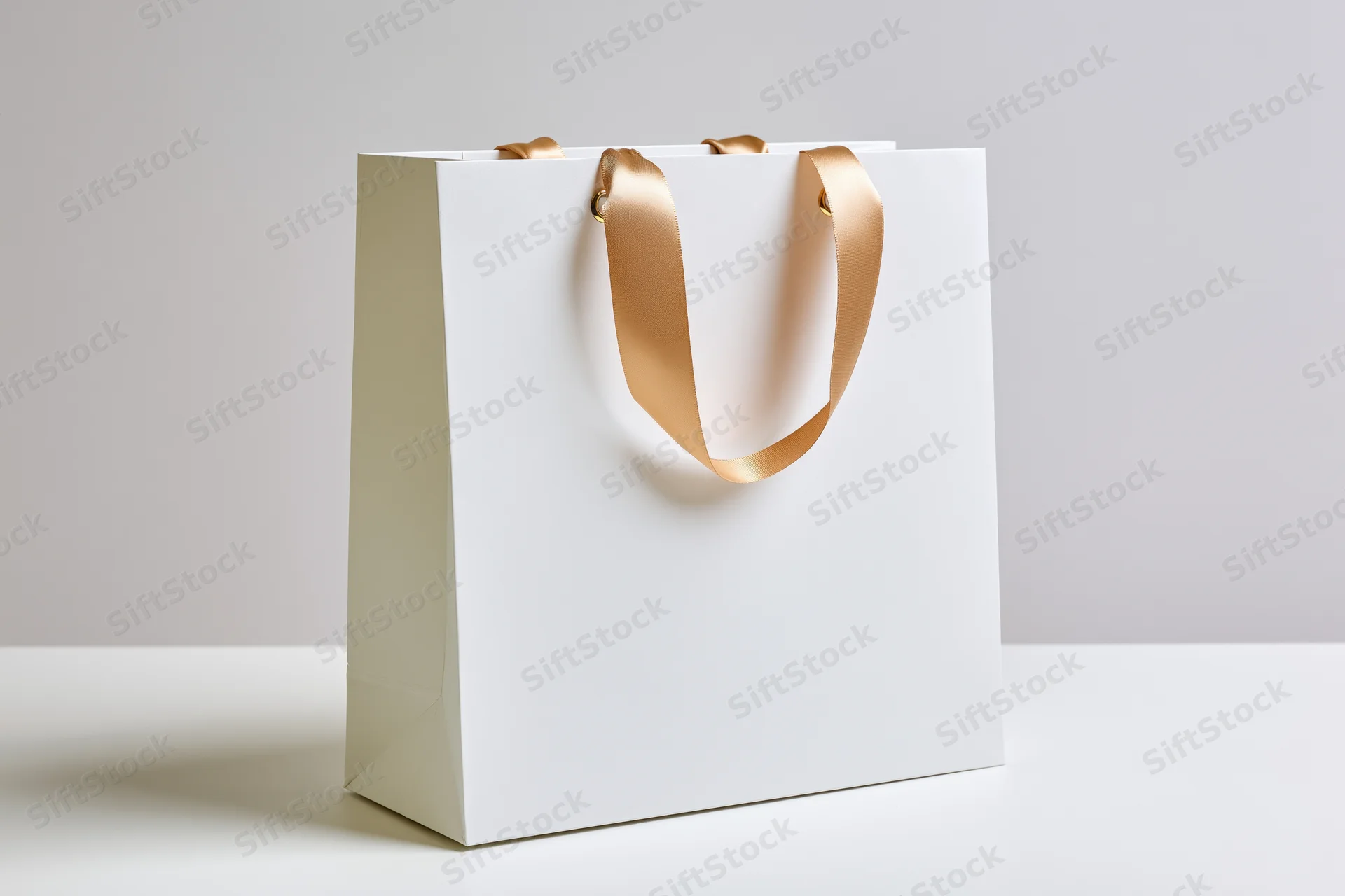 White paper shopping bag with gold satin ribbon handles on a plain surface