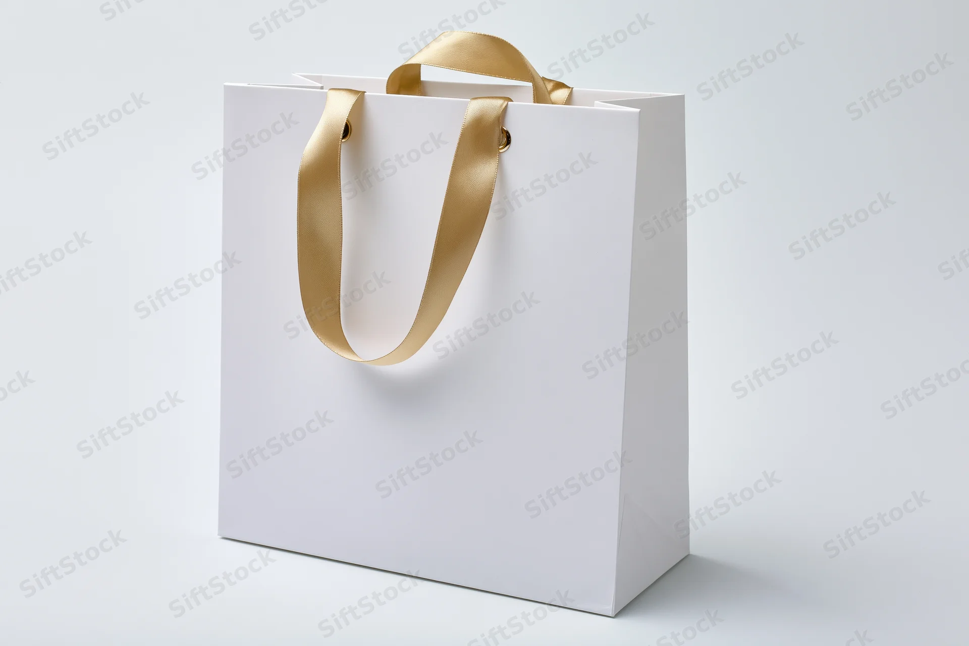 White paper shopping bag with gold satin ribbon handles on plain background