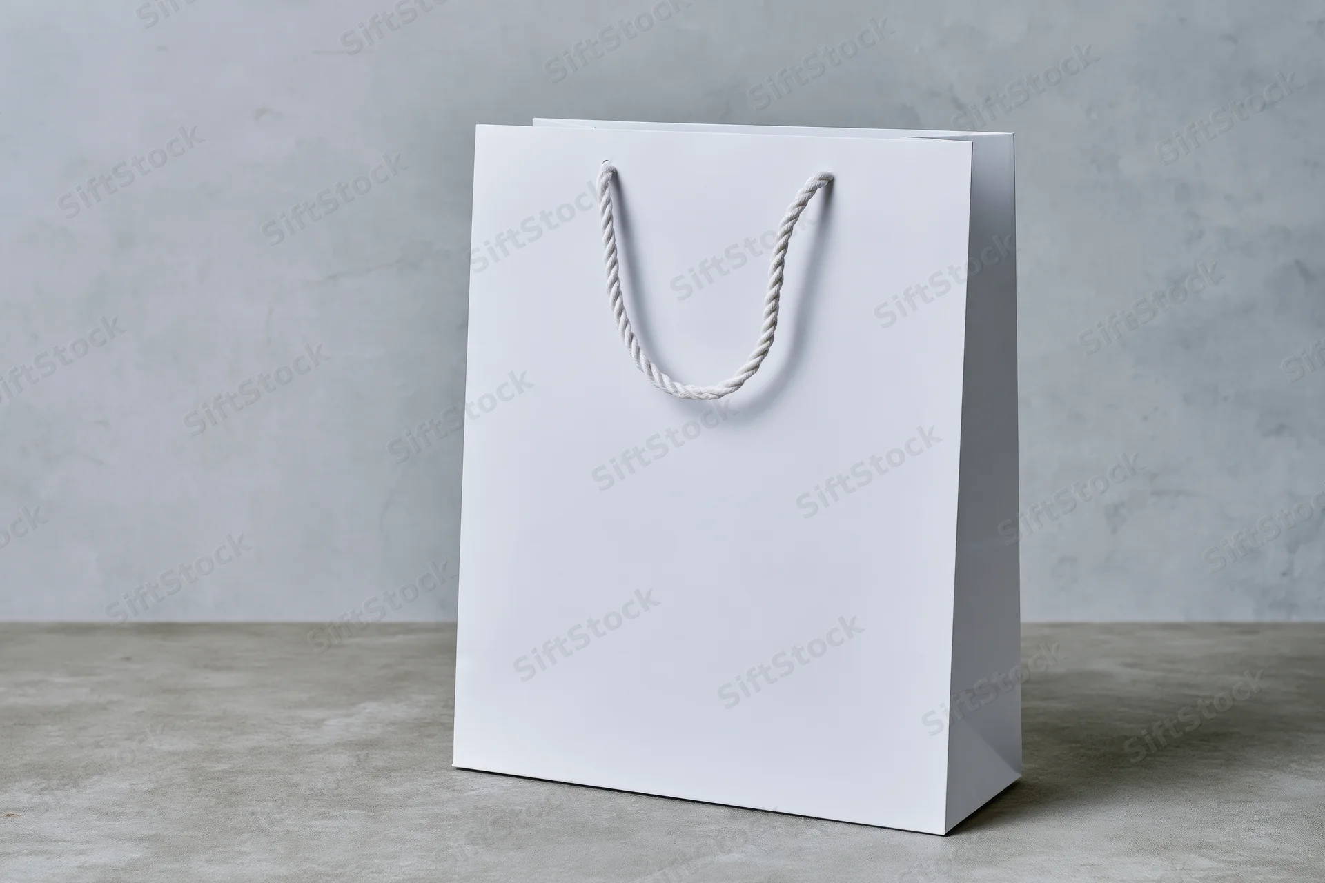 Plain white paper shopping bag with twisted rope handles standing on concrete floor against gray wall